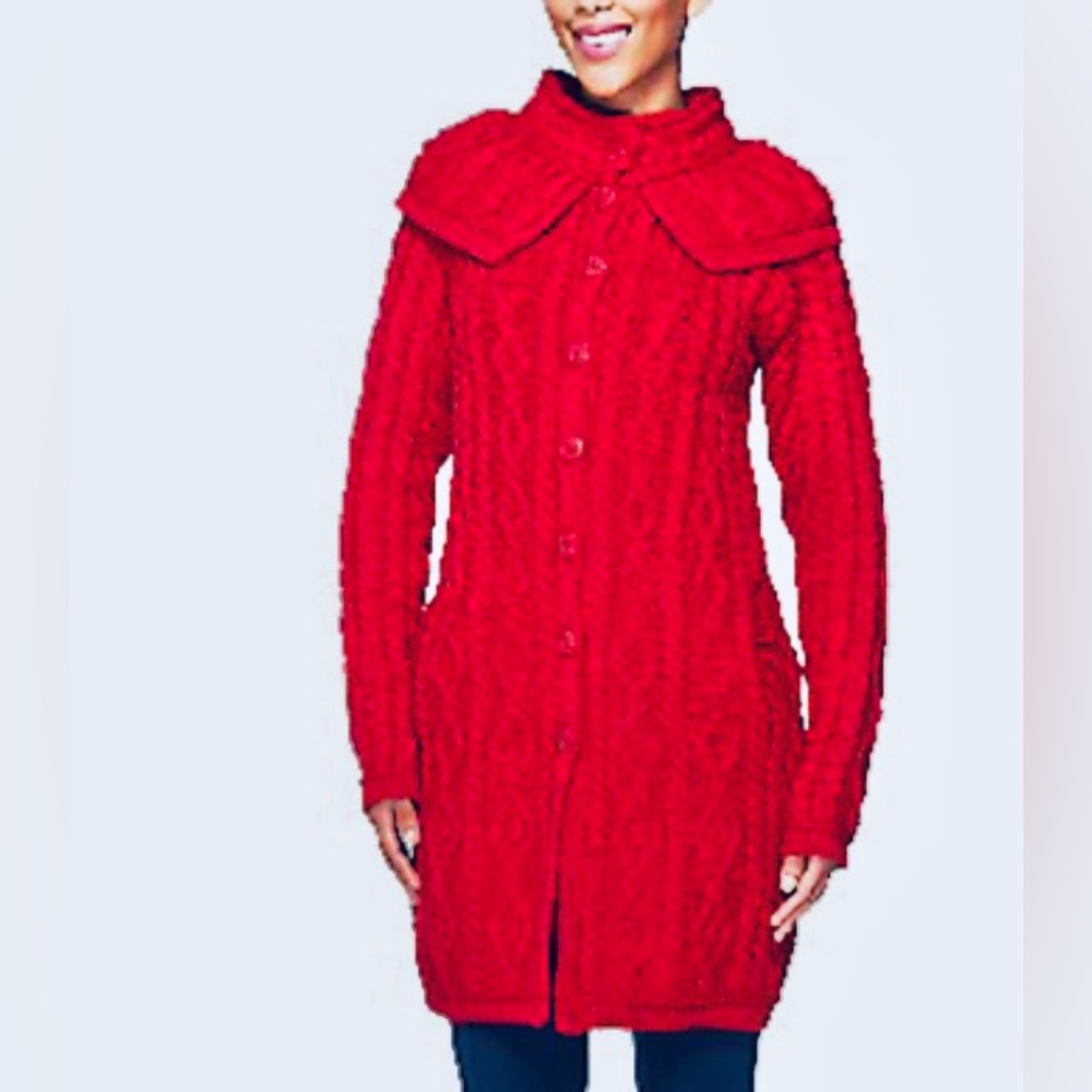 Aran Crafts Cranberry Red Long Cardigan Size Small